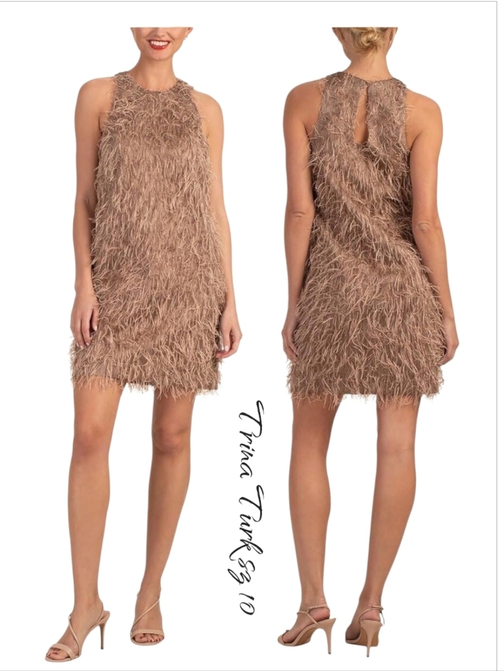 Trina Turk Ursa Major Feather Shift Mini Dress Gold Moonstone 10 NWT